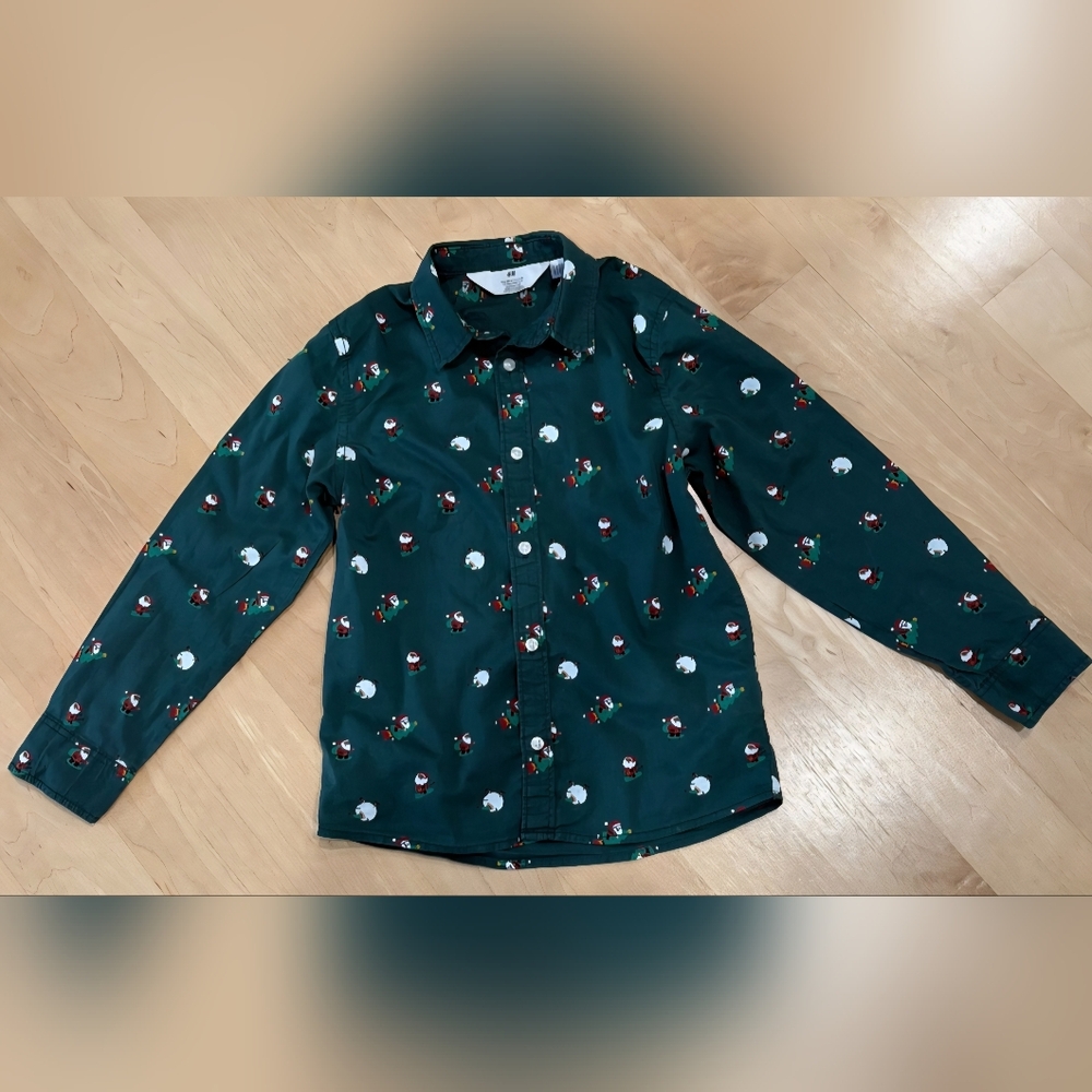 H&M Kids Green Button Down Shirt, Festive Christmas, Holiday Size 7